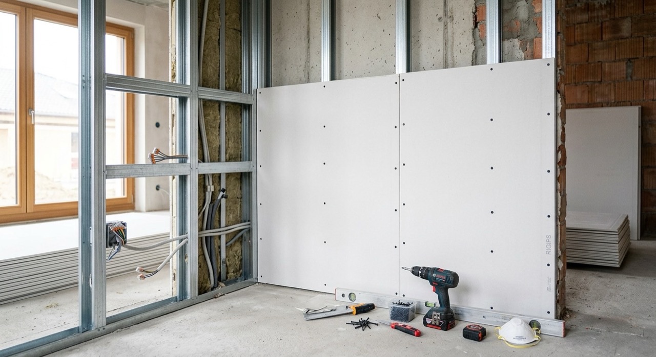 Saubere Rigips-Wandmontage mit präziser Verspachtelung in einem Wohnhaus in Gladbeck
