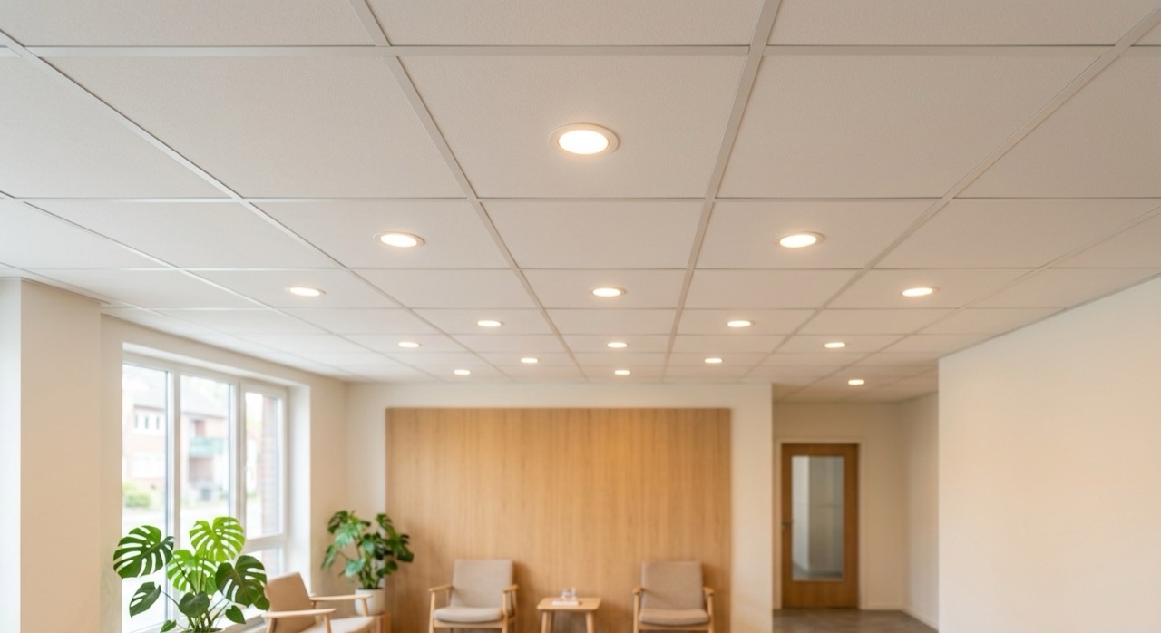 Abgehängte Akustikdecke mit eingebauten LED-Spots in einer Arztpraxis in Gelsenkirchen