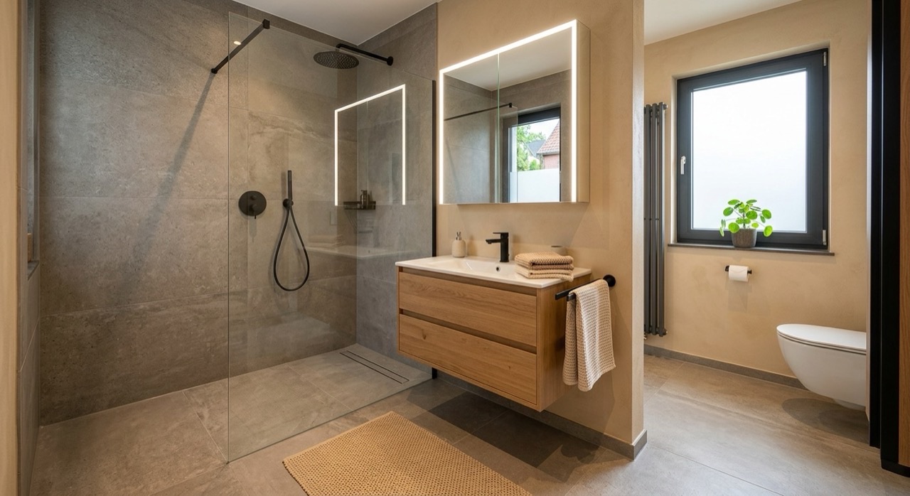 Modernes Bad nach Komplettsanierung mit bodengleicher Dusche und Fliesen in Bottrop